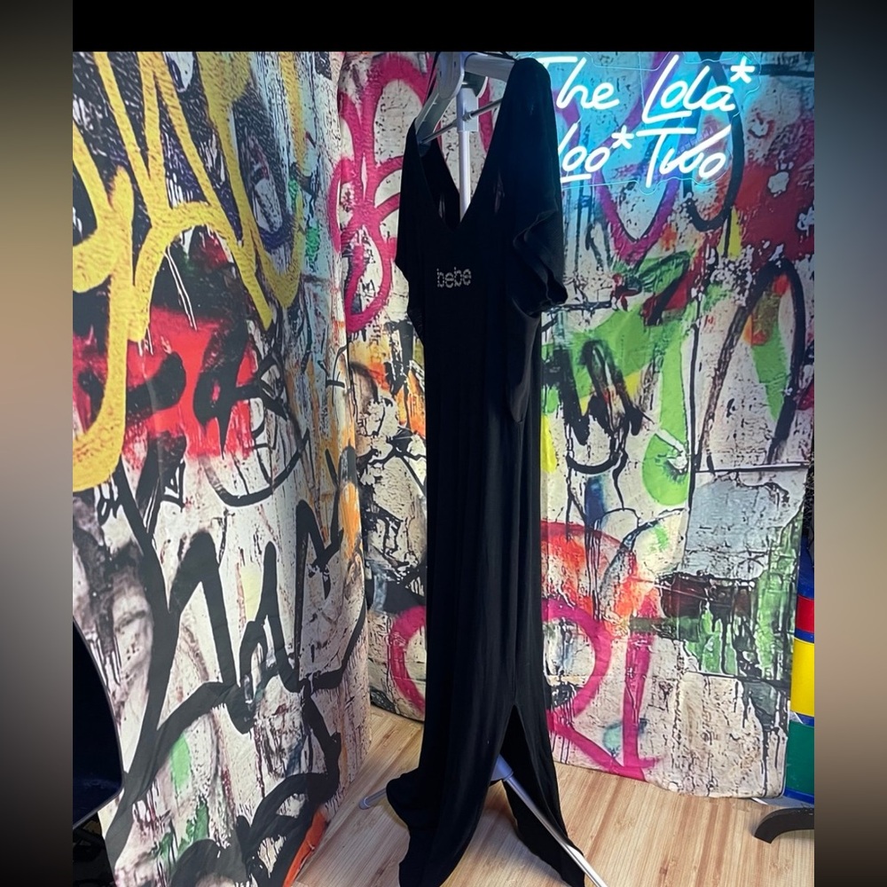 bebe Black Short Sleeve Maxi Dress with Rhinestone Logo • Sz.18/20 - Picture 6 of 12